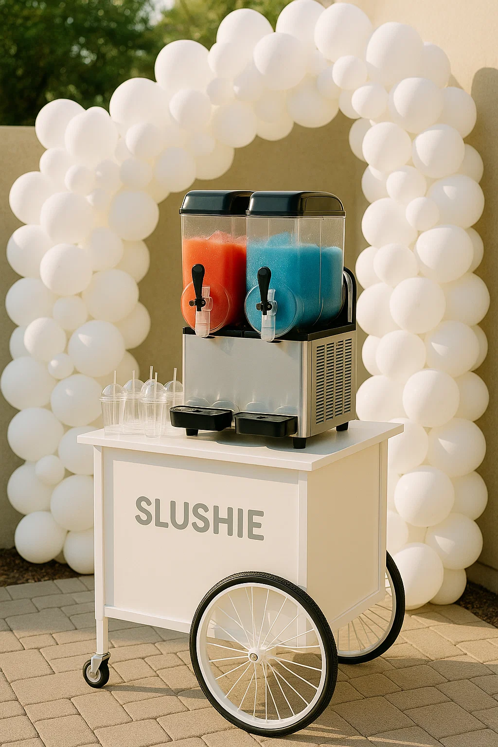 Event Package - Elegant slushie cart with white balloon arch and professional setup