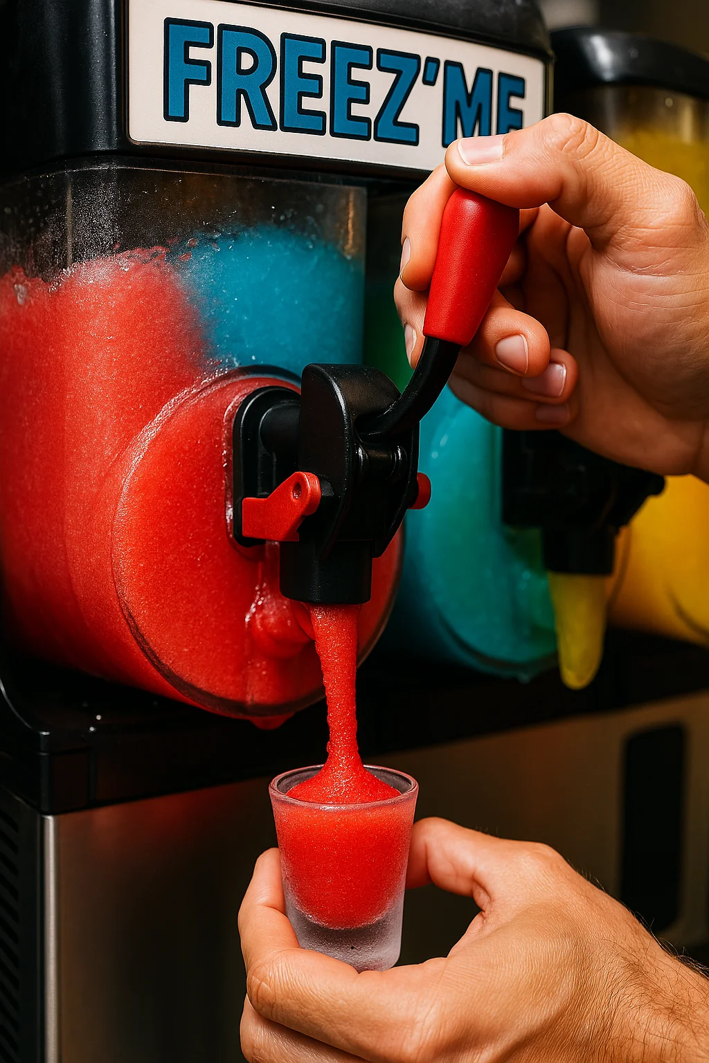 Party Package - Close-up of hands dispensing red slushie from FREEZ'ME machine